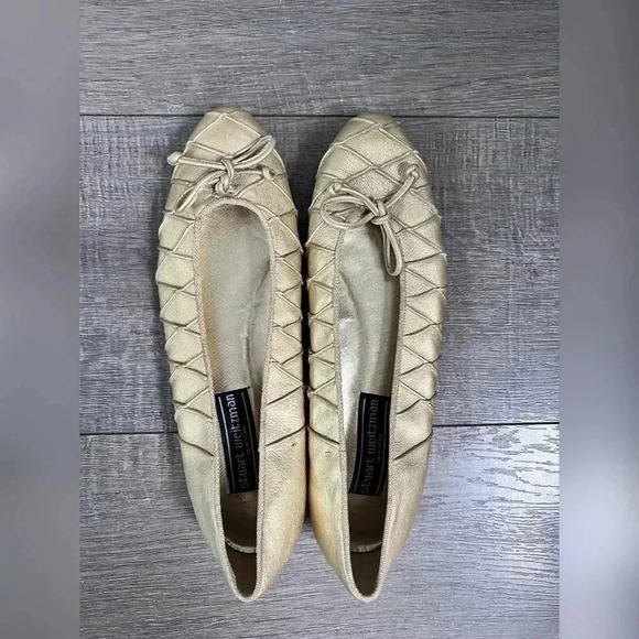 Stuart Weitzman Vintage Gold Braided Gabby Ballet Bow Flats - Picture 2 of 6